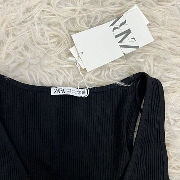 Zara Women’s NWT Black Ribbed V-Neck Crop Top Long Tie Up Shirt Sleeveless S/M - Picture 9 of 10
